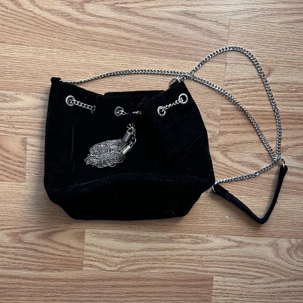 White House Black Market Black Velvet  Crossbody Bag Silver Chain Strap/Tassels